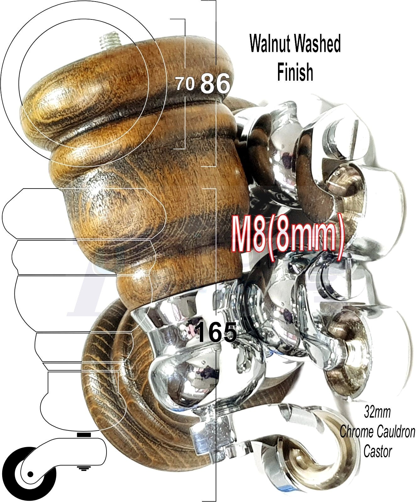 4 Turned Wood Furniture Feet With Chrome Cauldron Castors 155mm Legs Sofas Chairs Stools Cabinets Beds M8 6 Inches