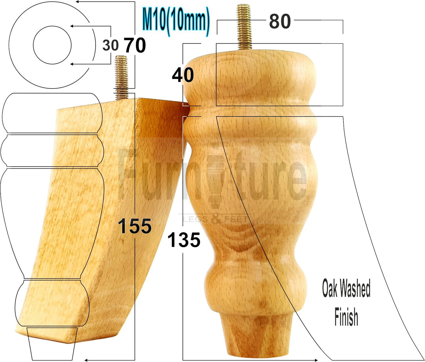 2x Turned Wood Furniture Feet 155mm and 2 Curved Back Legs Sofas Chairs Stools Cabinets Beds M10 Thread 6 Inches