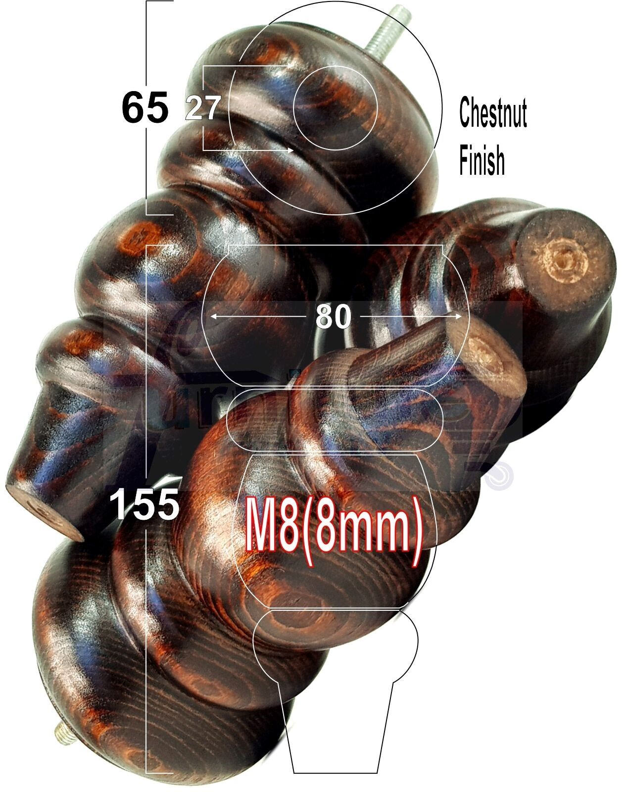 4 Solid Turned Wood Furniture Sofa Leg M8 Chair Settee Footstool Feet 155mm High