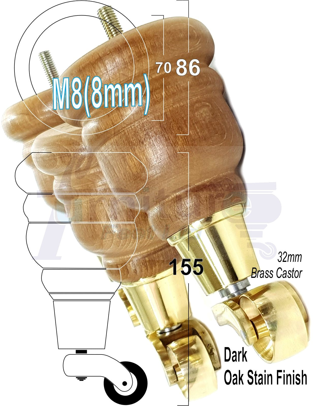 4 Turned Wood Furniture Feet With Brass Castors 155mm Legs Sofas Chairs Stools Cabinets Beds M8 6 Inches