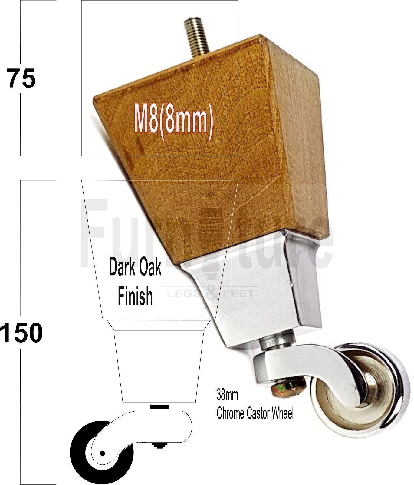 4x Block Wood Furniture Legs With Chrome Castors For Sofa Chairs Settees 8mm Thread 150mm High