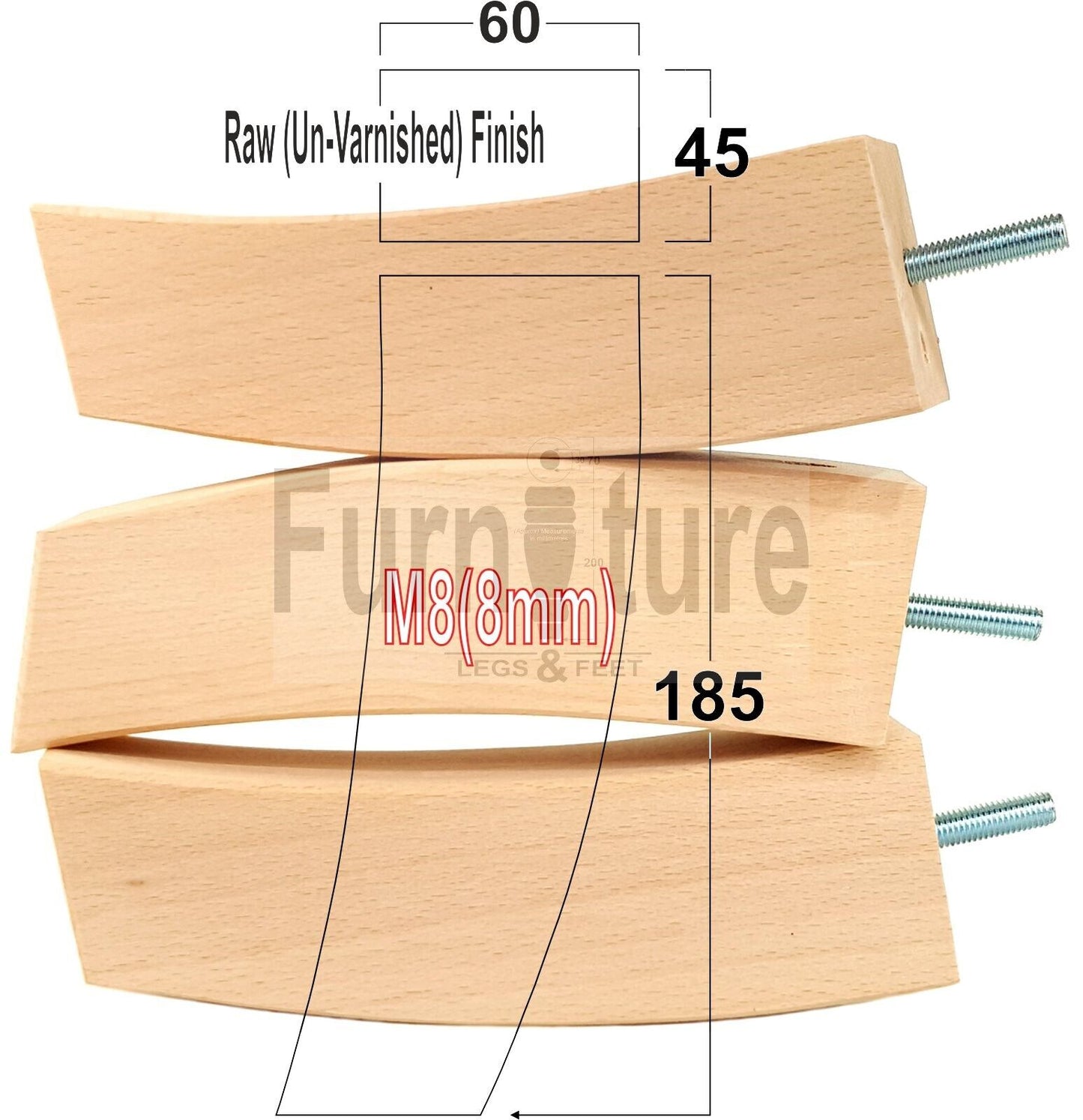 Set Of 4 Solid Wood Curved Furniture Feet Replacement Legs 185mm High M8(8mm)
