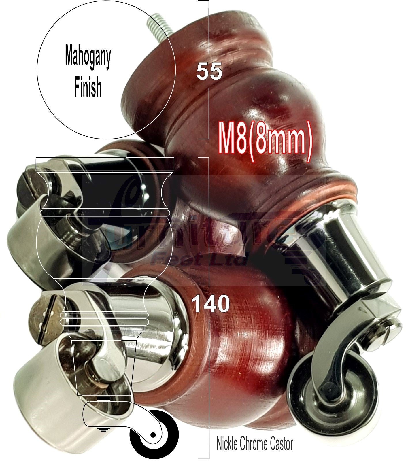 Set Of 4 Turned Wood Furniture Legs With Black Castor Wheels 140mm High M8(8mm)