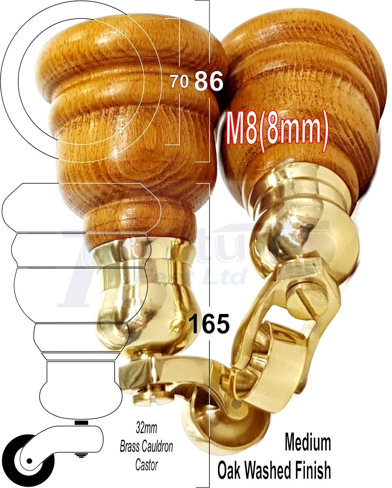 4 Turned Wood Furniture Feet With Brass Cauldron Castors 160mm Legs Sofas Chairs Stools Cabinets Beds M8 6 Inches