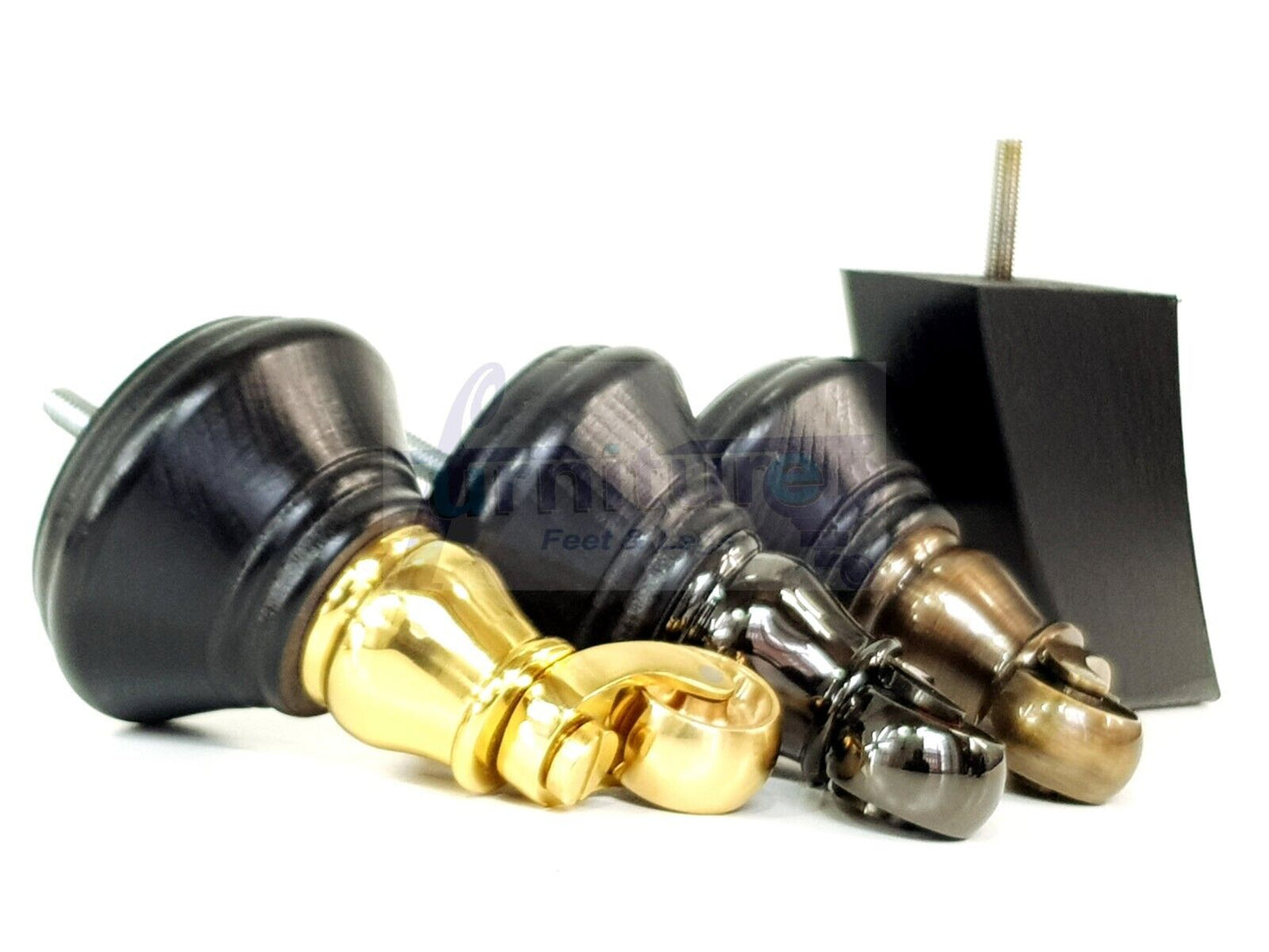 2 Black Wood Furniture Sofa Feet With Castor 125mm & 2 Curved Legs Chair Settee 100mm High M8