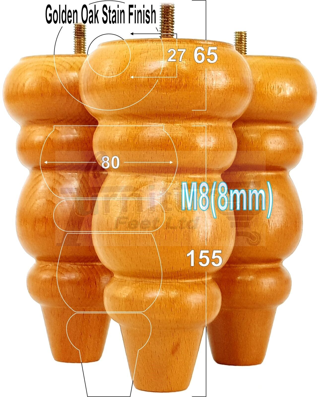 4 Solid Turned Wood Furniture Sofa Leg M8 Chair Settee Footstool Feet 155mm High