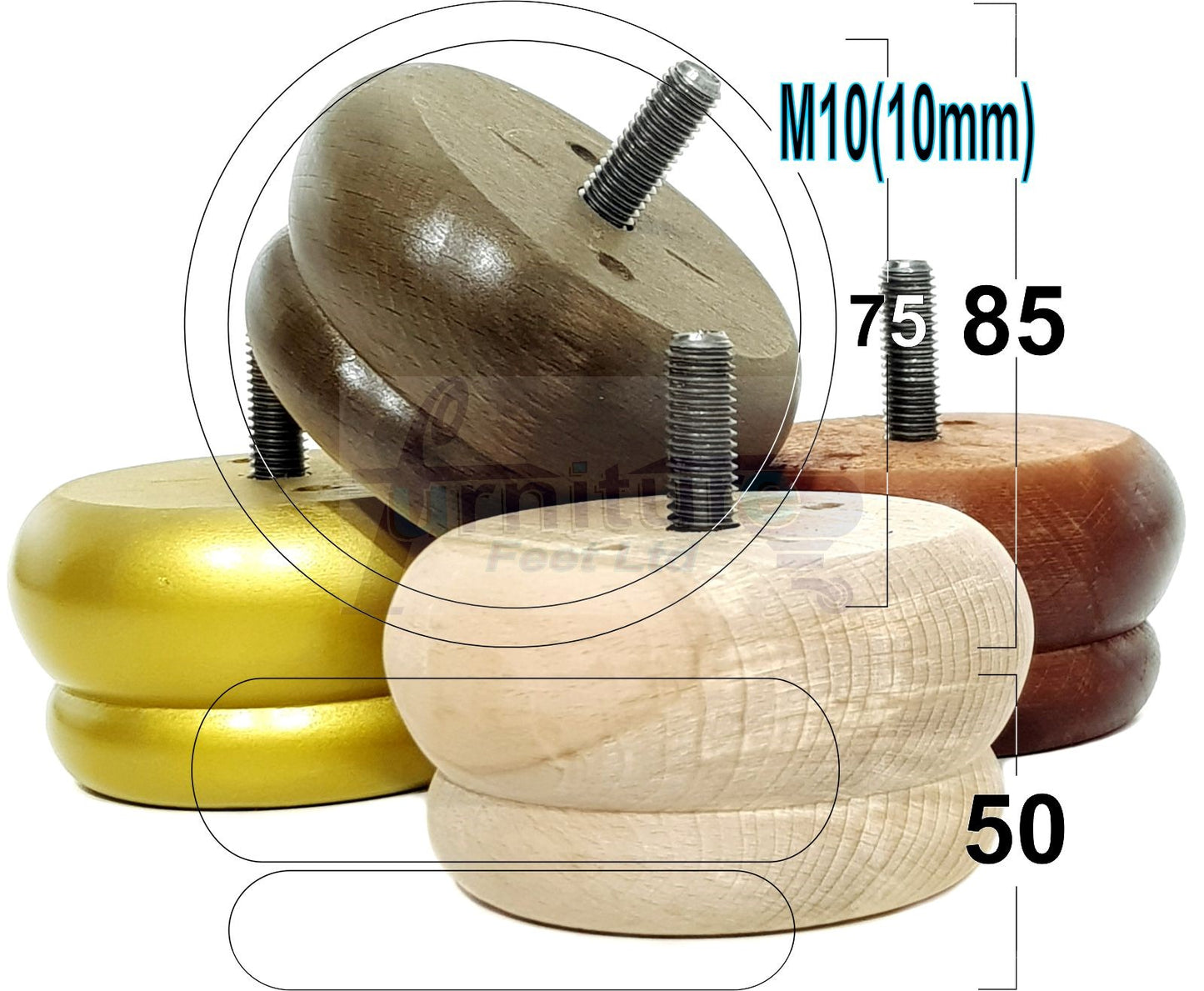 4 Wood Bun Feet Replacement Furniture Legs 50mm High M10 Thread Chairs Beds