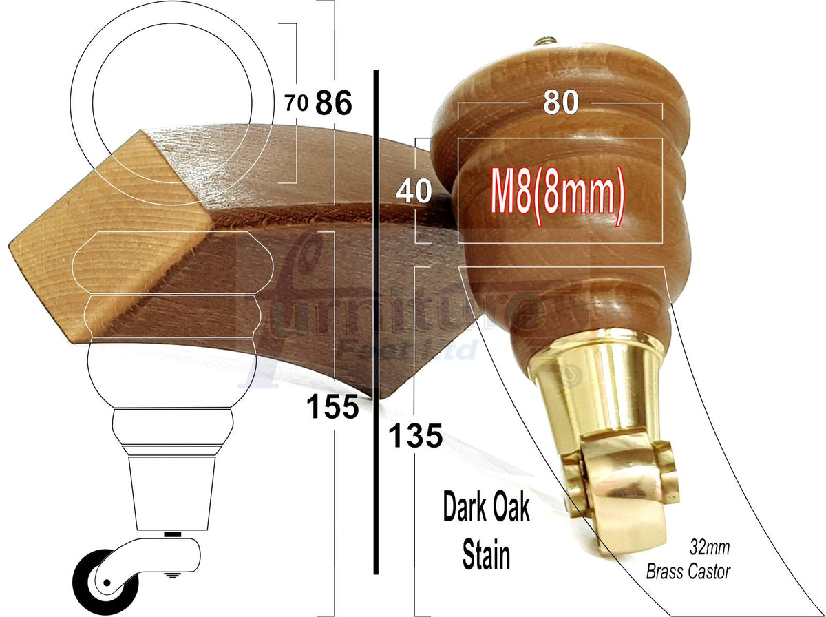 Dark Oak Stain Turned Wood Furniture Legs 2x with Castors 155mm 6 Inches High and 2x Curved Back Legs M8 Fixing