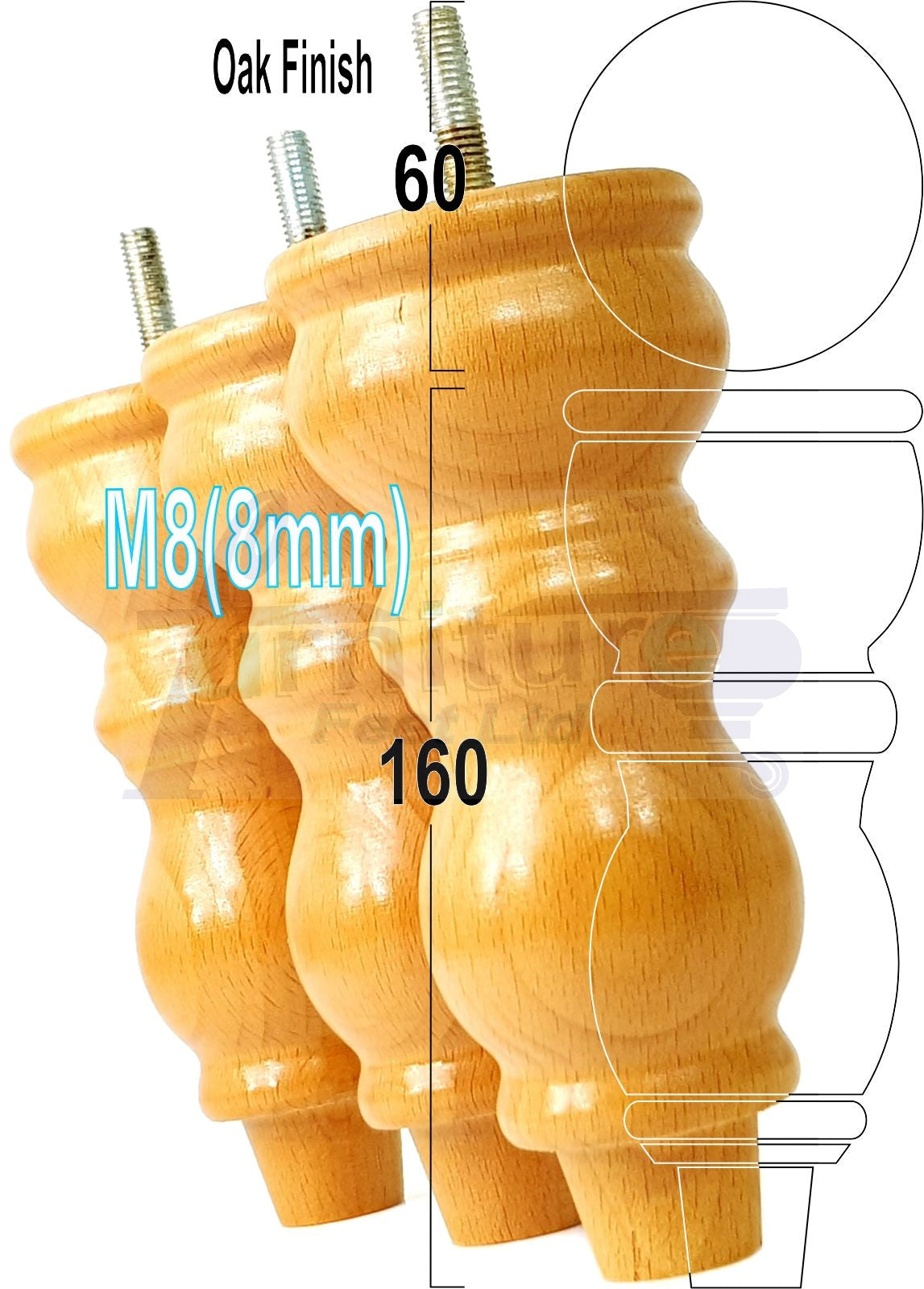 Solid Wood Furniture Feet Set of 4 Legs 160mm High For Sofas Chairs Stools Cabinets & Beds M8