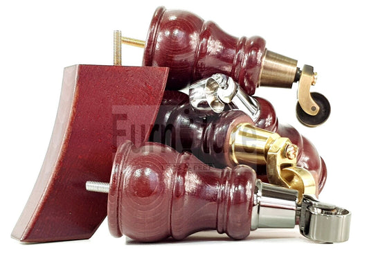 2 Wooden Castor Furniture Sofa Legs & 2 Curved Back Feet  Mahogany M8 Chair Settee Feet 160mm High