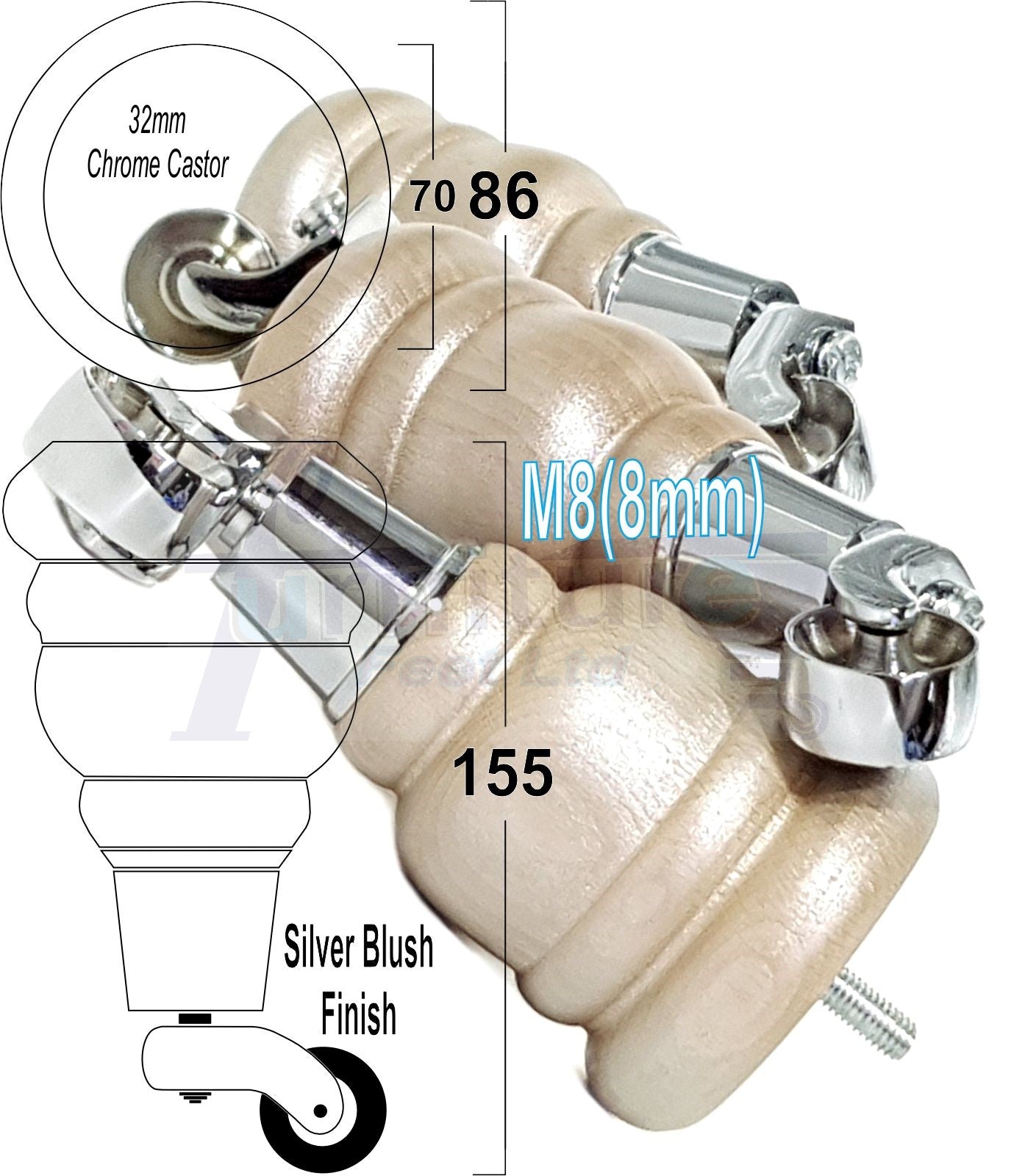 4 Turned Wood Furniture Feet With Chrome Castors 155mm Legs Sofas Chairs Stools Cabinets Beds M8 6 Inches