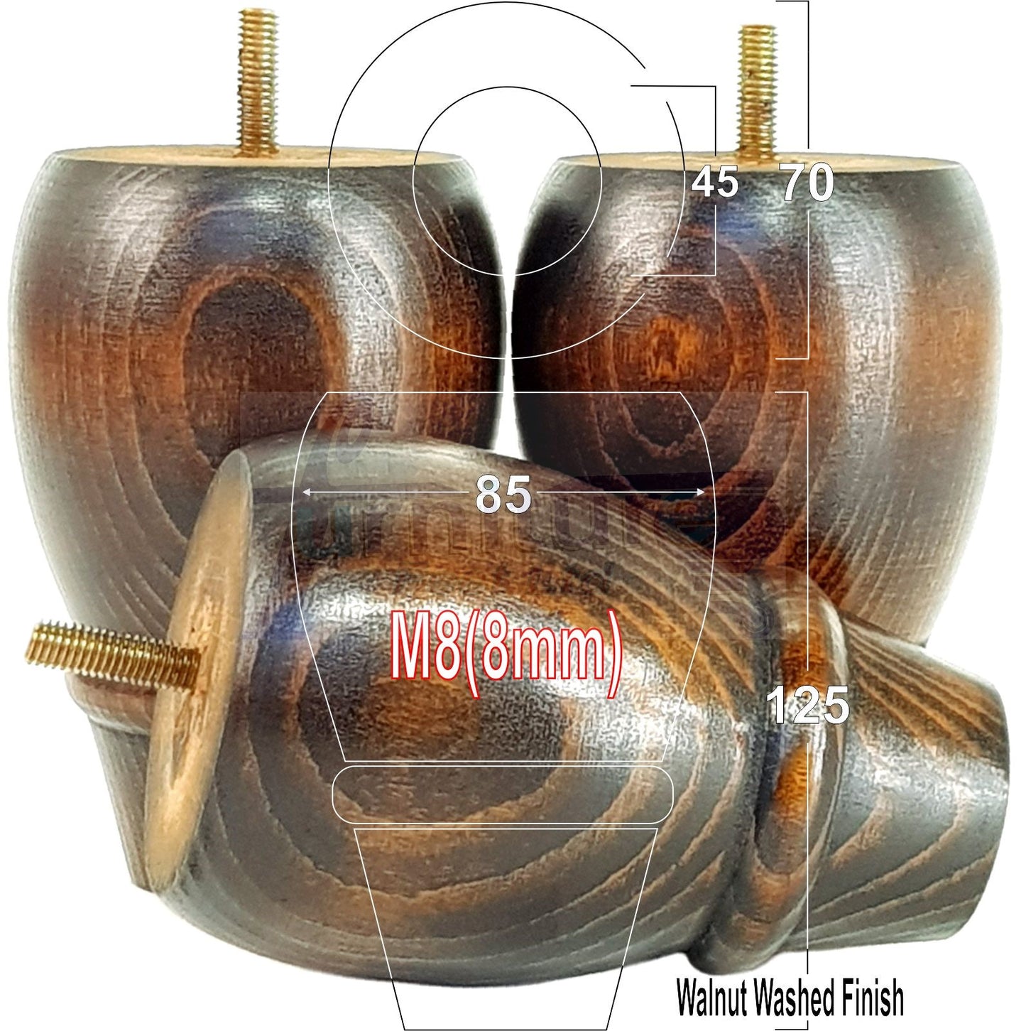 Set Of 4 Solid Wood Turned Replacement Furniture Legs 125mm High 8mm Thread