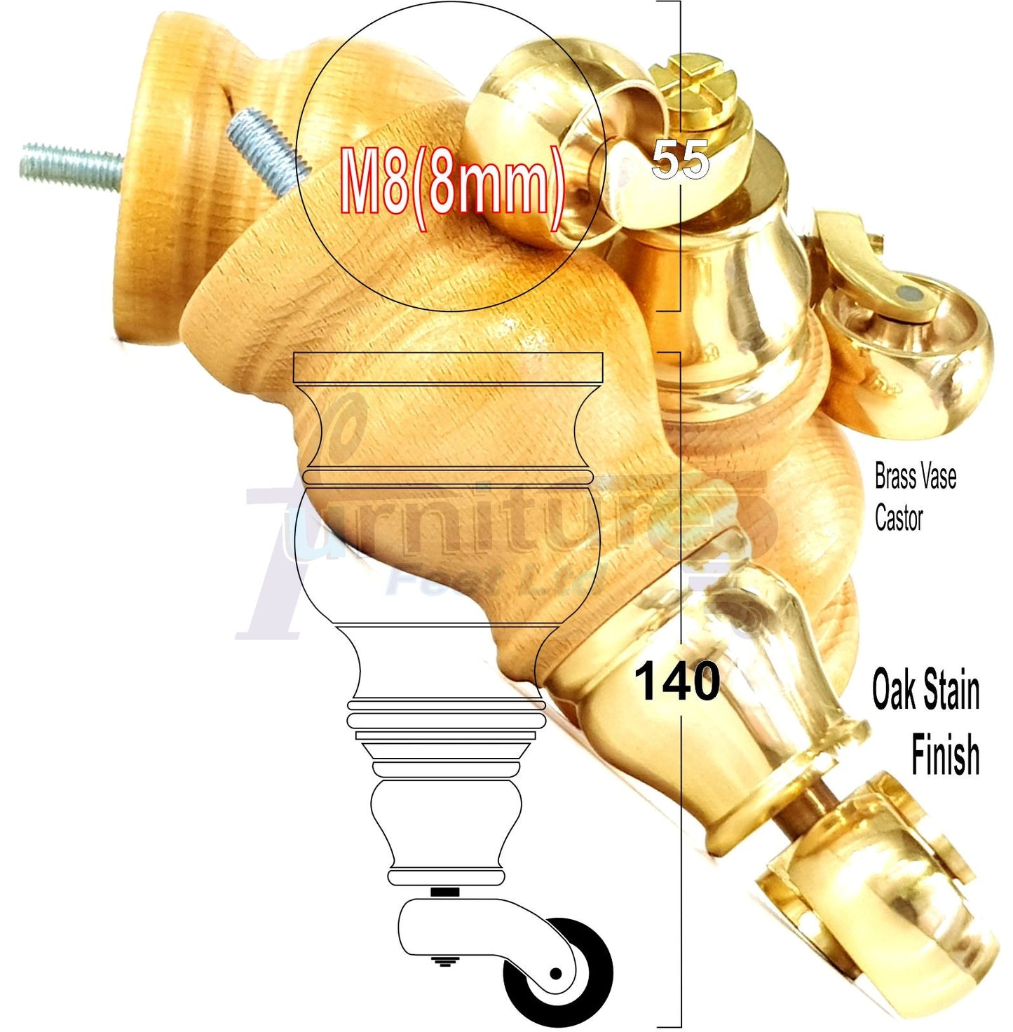 Set Of 4 Turned Wood Furniture Legs With 150mm High Castor 8mm Thread For Chairs Settees & Cabinets Oak Stain Finish