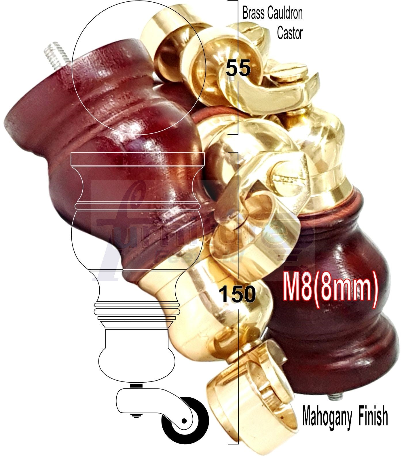 Set Of 4 Turned Wood Furniture Legs With140mm High Castor 8mm Thread For Chairs Settees & Cabinets