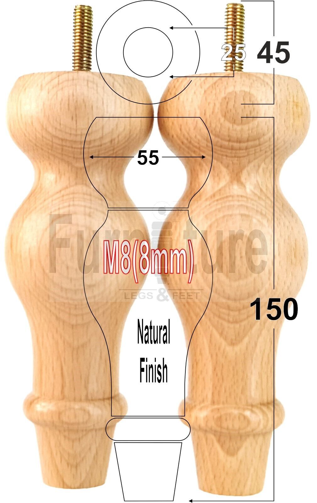 Set Of 4 Solid Wood Turned Furniture Feet Replacement Legs 150mm High 8mm Thread