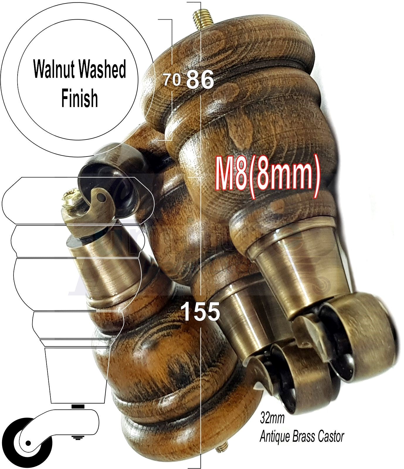 4 Turned Wood Furniture Feet With Antique Brass Castors 155mm Legs Sofas Chairs Stools Cabinets Beds M8 6 Inches