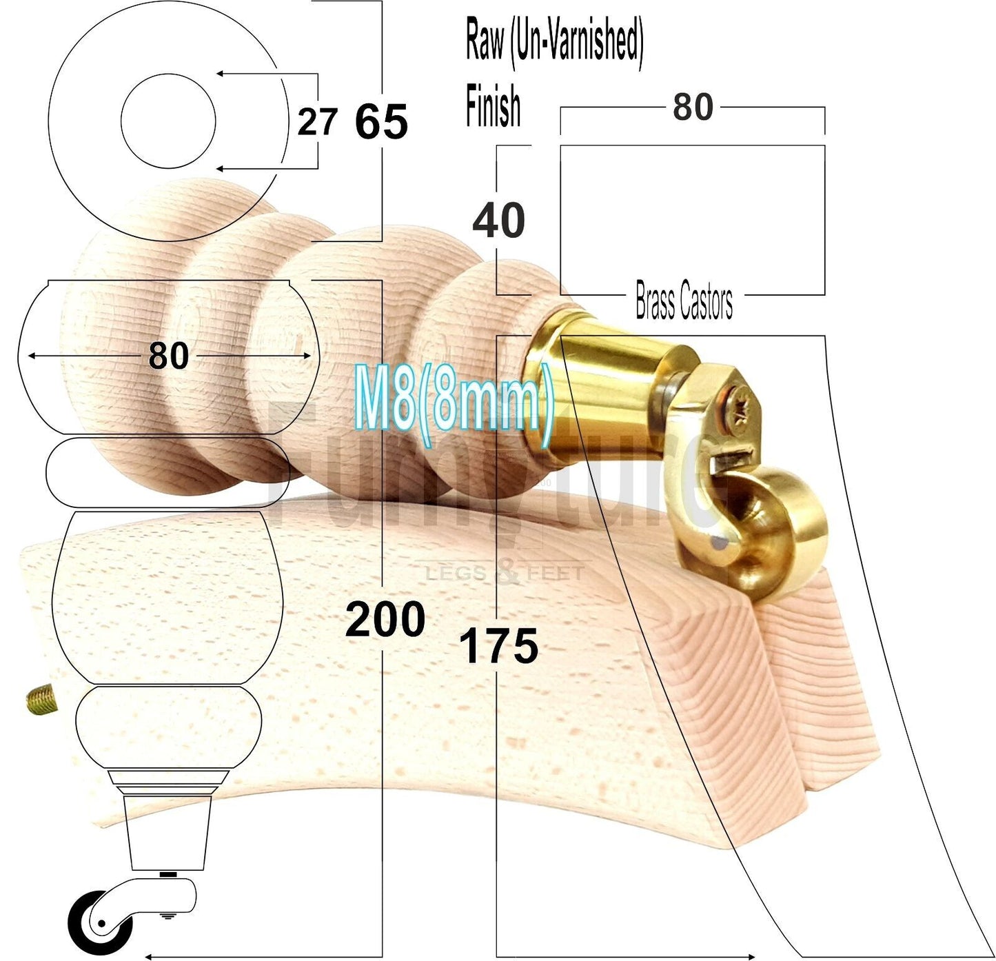 2x Furniture Castor Legs & 2x Curved Solid Wooden Feet M8 Chairs Sofa 200mm High