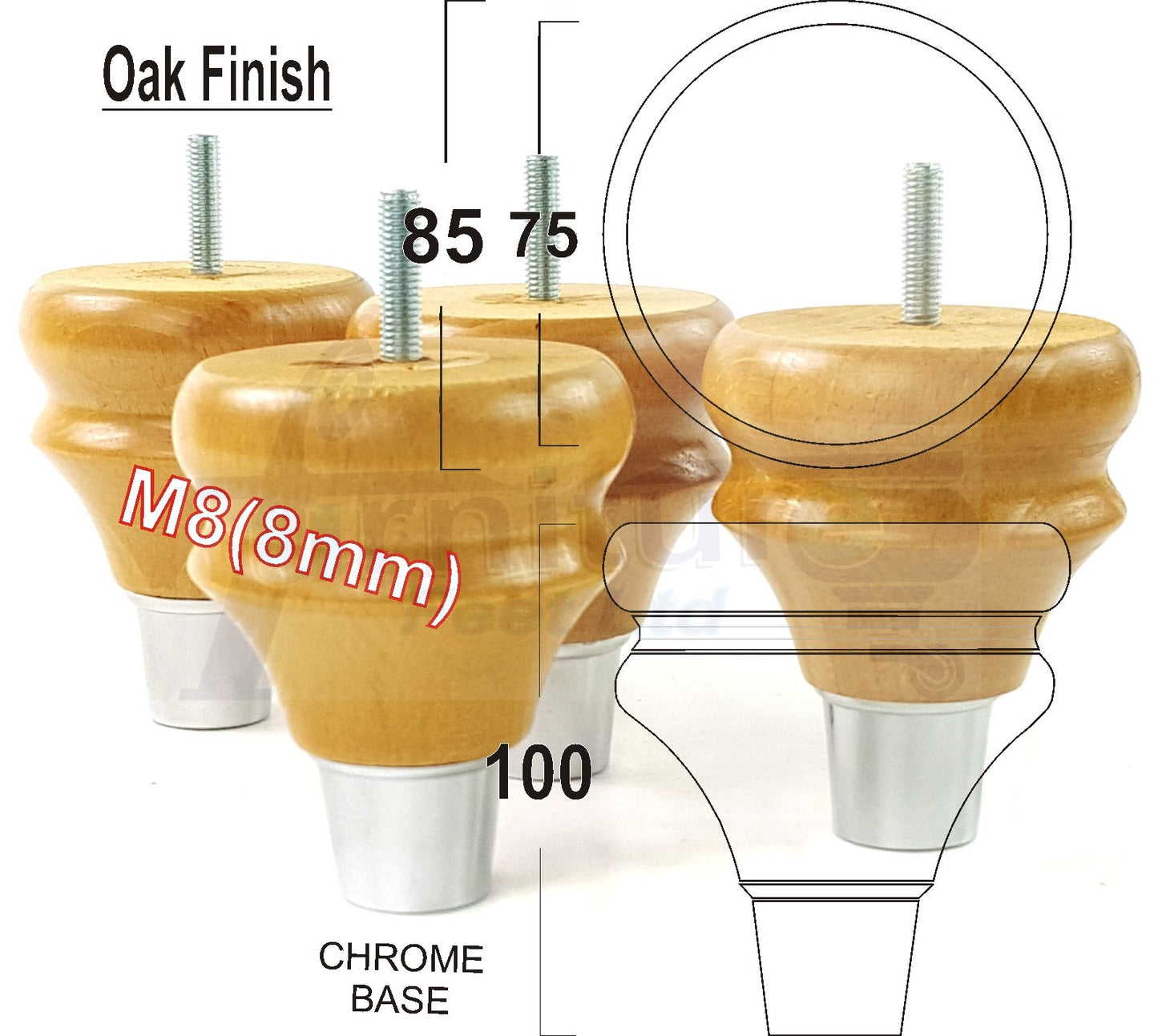 4x Turned Wood Furniture Feet M8(8mm) With A Chrome Slipper Cup Chair Sofa Settee Legs 100mm