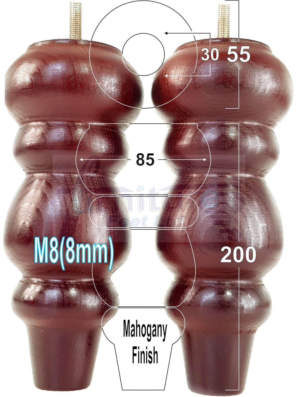 Solid Wood Furniture Feet Replacement Turned Legs 200mm High Chairs Stools Sofa's Beds Settee Cabinets M8 Various Colours Set of 4