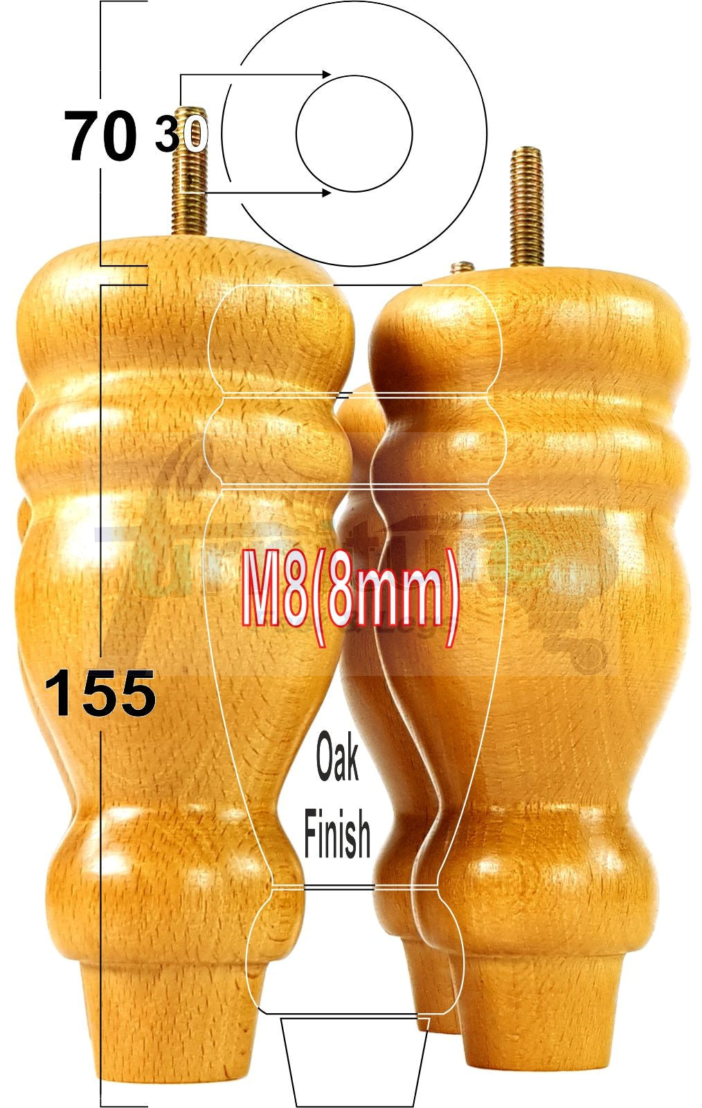 Set Of 4 Turned Wood Furniture Replacement Feet 155mm High 8mm Tread
