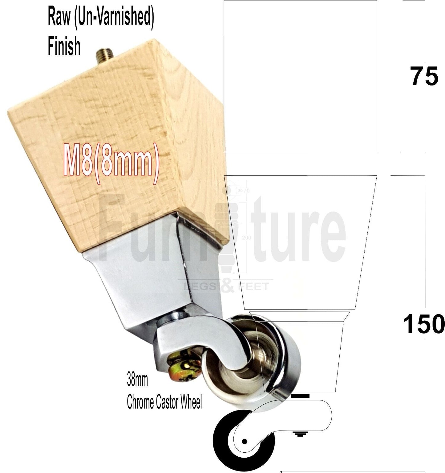 4x Block Wood Furniture Legs With Chrome Castors For Sofa Chairs Settees 8mm Thread 150mm High