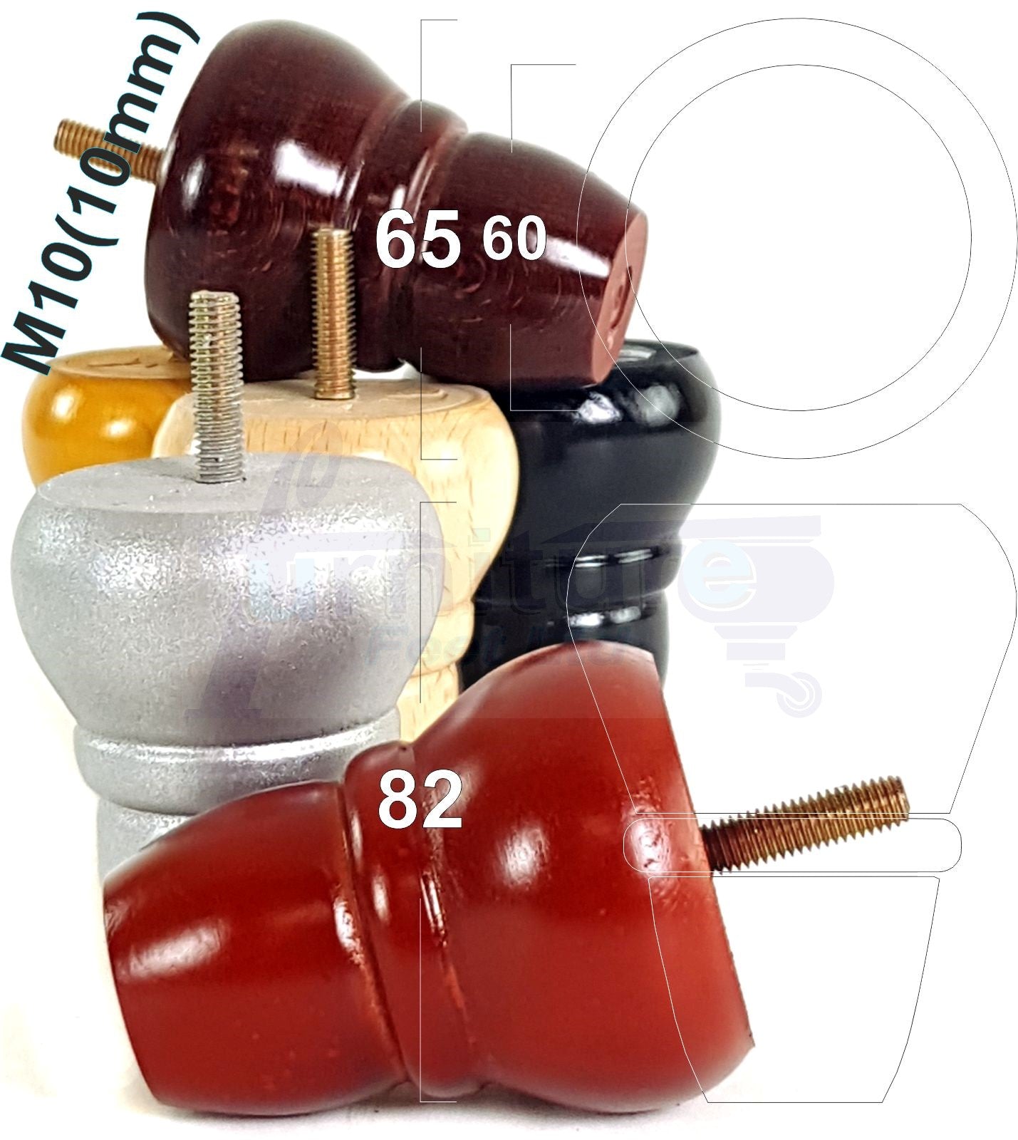 4x Turned Wood Repacement Furniture Legs M10 Thread Sofa Chair Settee Feet 82mm