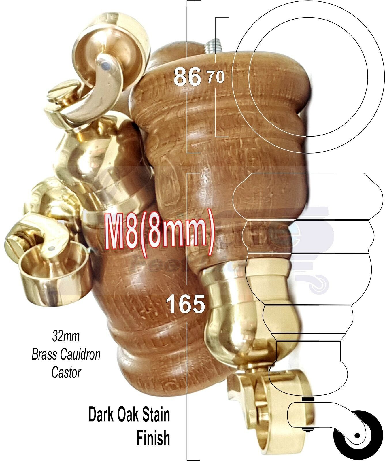 4 Turned Dark Oak Stain Wood Furniture Feet With Castors 155mm Legs Sofas Chairs Stools Cabinets Beds M8 6 Inches	