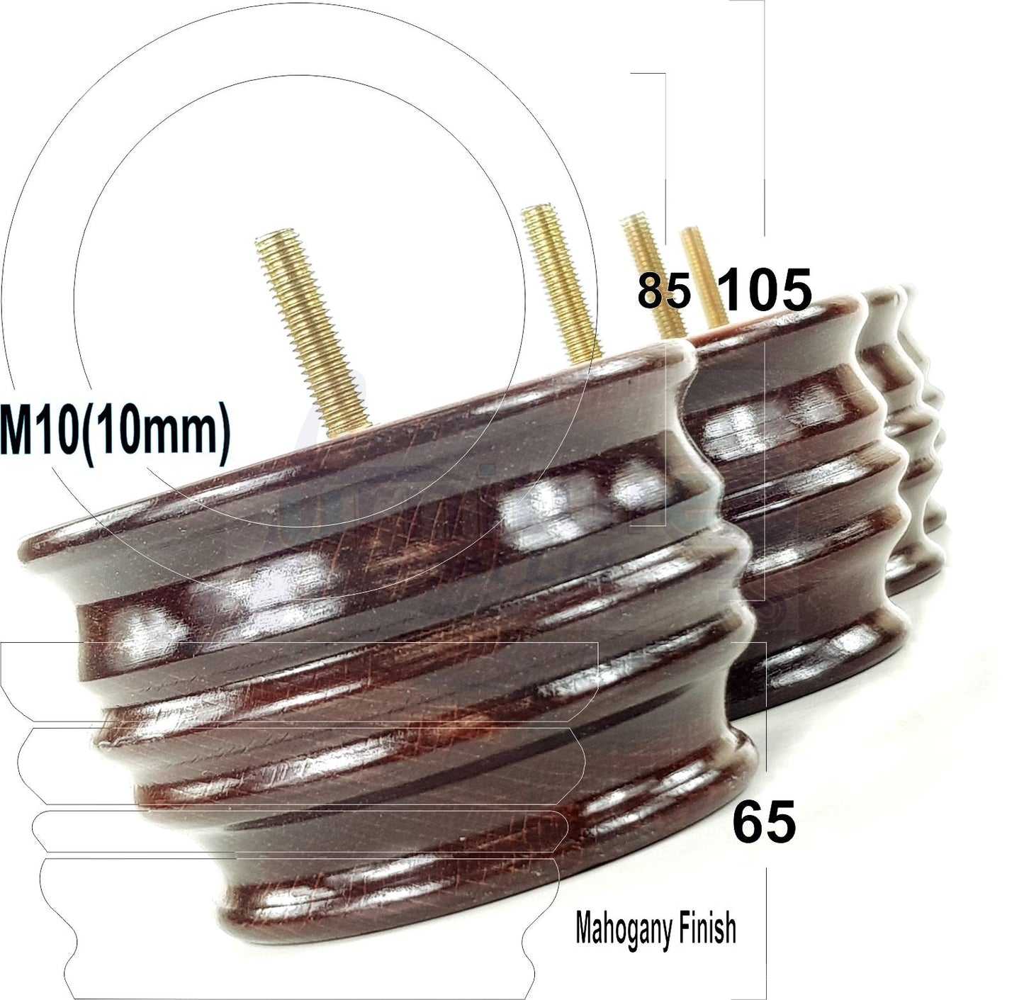 4x Replacement Turned Wooden Furniture Legs 65mm High 10mm Tread For Sofa and Chairs