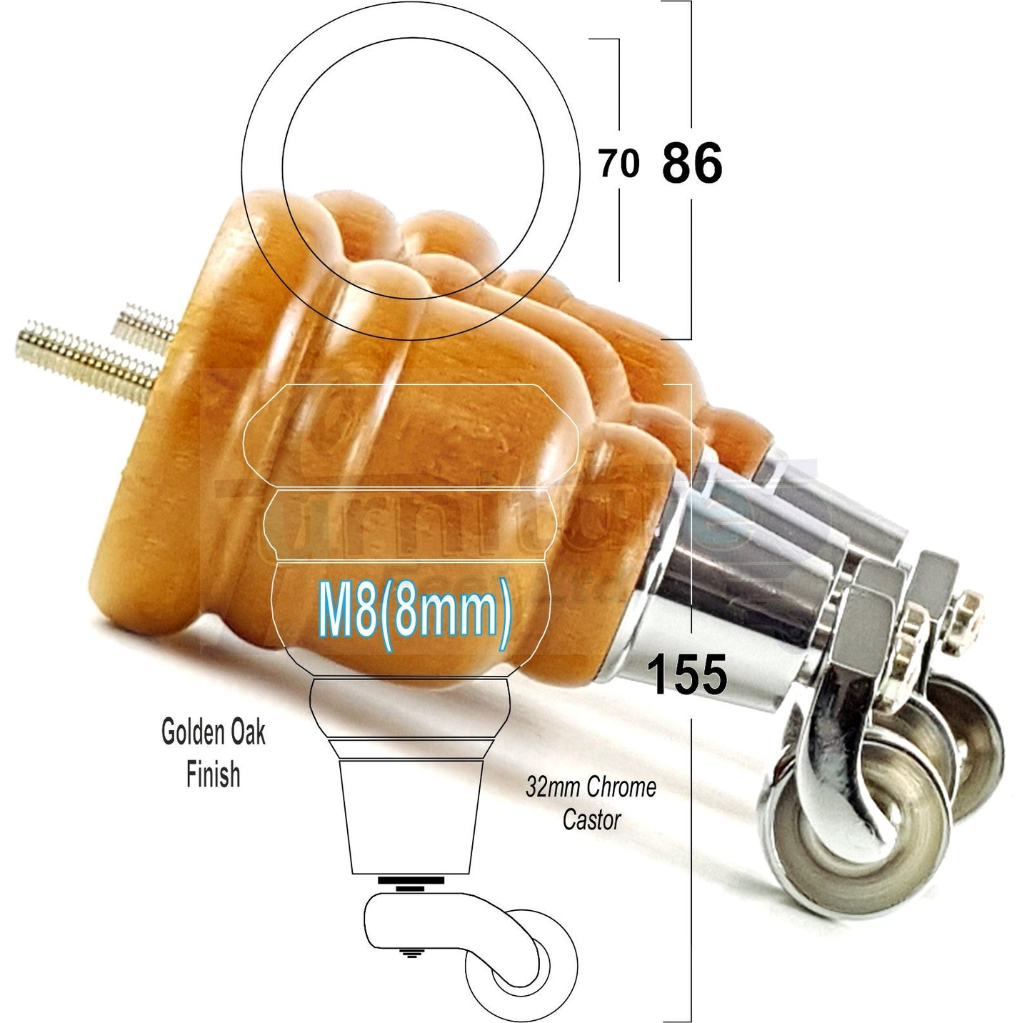 4 Turned Wood Furniture Feet With Chrome Castors 155mm Legs Sofas Chairs Stools Cabinets Beds M8 6 Inches