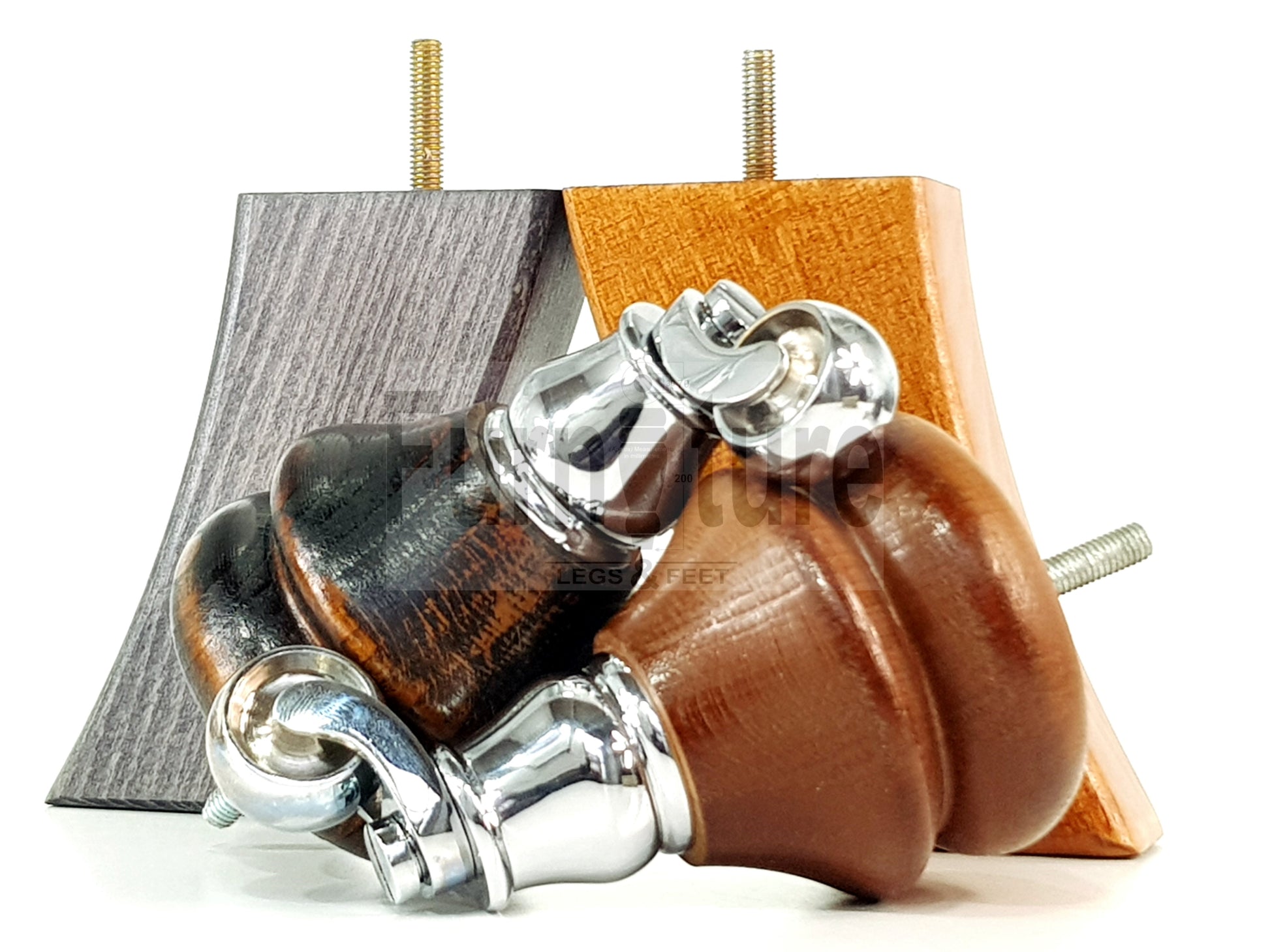 Turned Wood Furniture Feet 2 With Chrome Castors 140mm & 2 Curved Back Legs Sofas Chairs Cabinets Beds M8