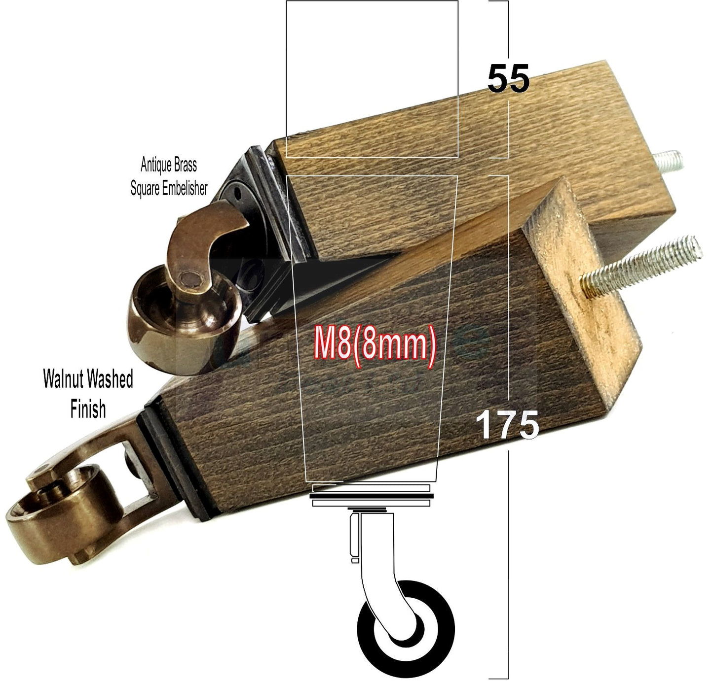 4x Solid Wood Furniture Legs Chair Sofa Bed Replacement Feet 175mm High With Antique Castors 8mm Thread
