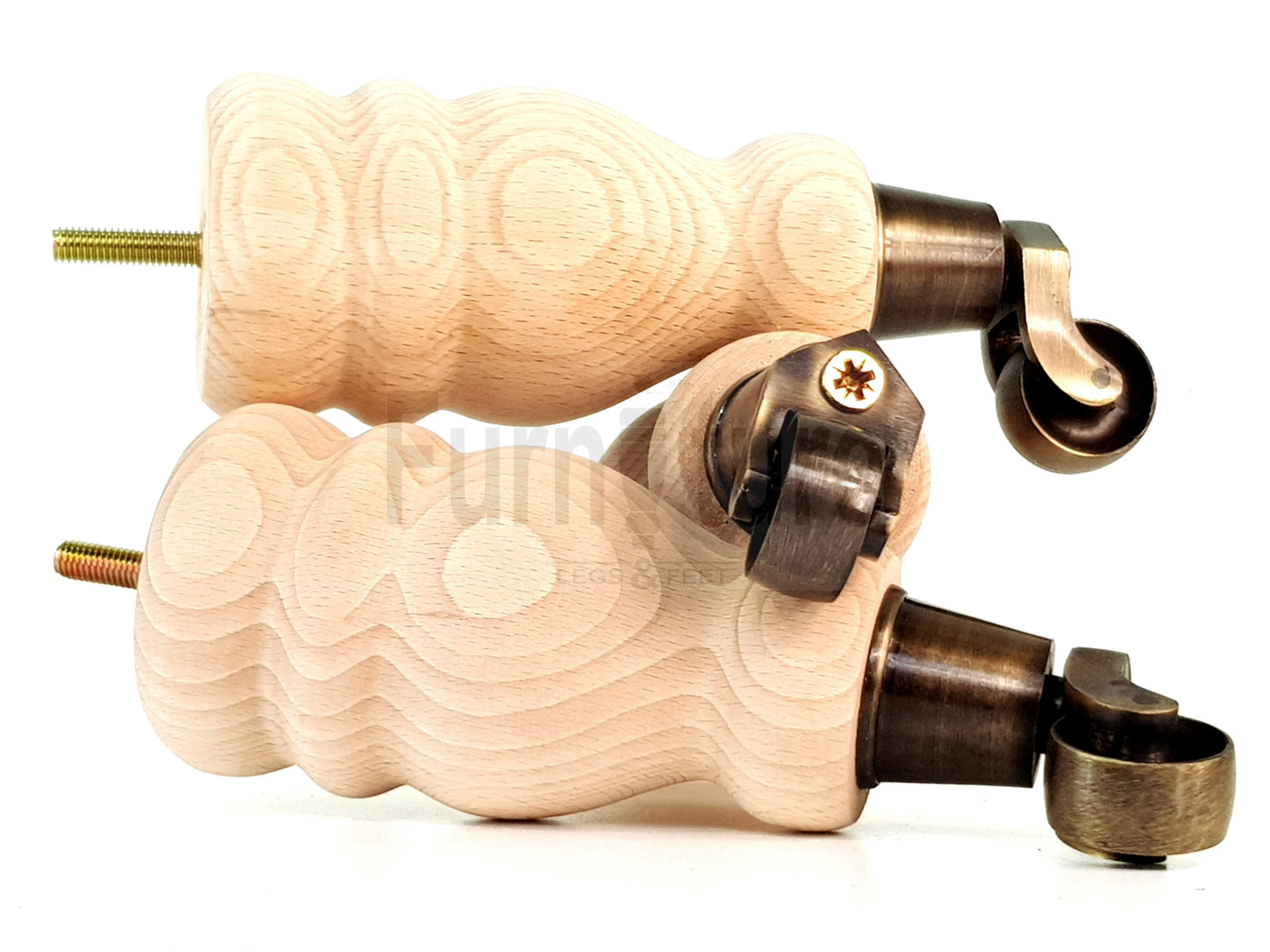 Set Of 4 Wooden Turned Replacement Furniture Legs 200mm High With Antique Brass Castor Wheels 8mm Thread