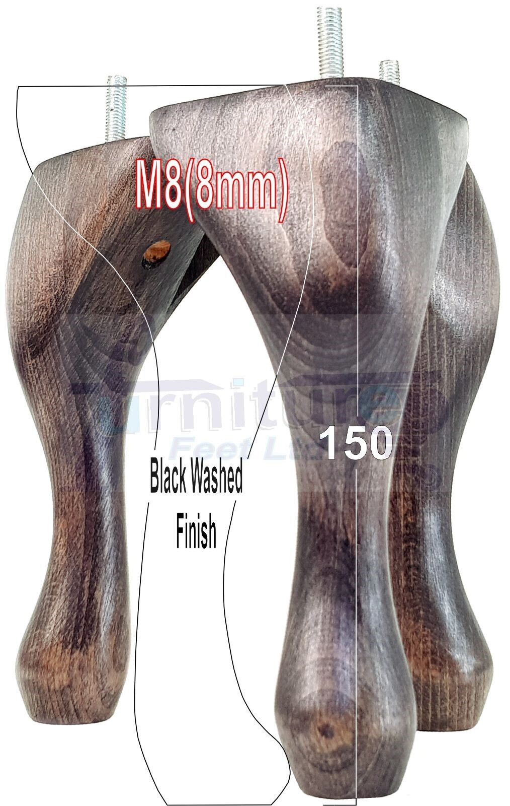 4 Solid Wood Furniture Feet 150mm High Queen Anne Replacement Legs M8 (8mm) 6 Inches Chair Stools Bed Sofa Georgian Style
