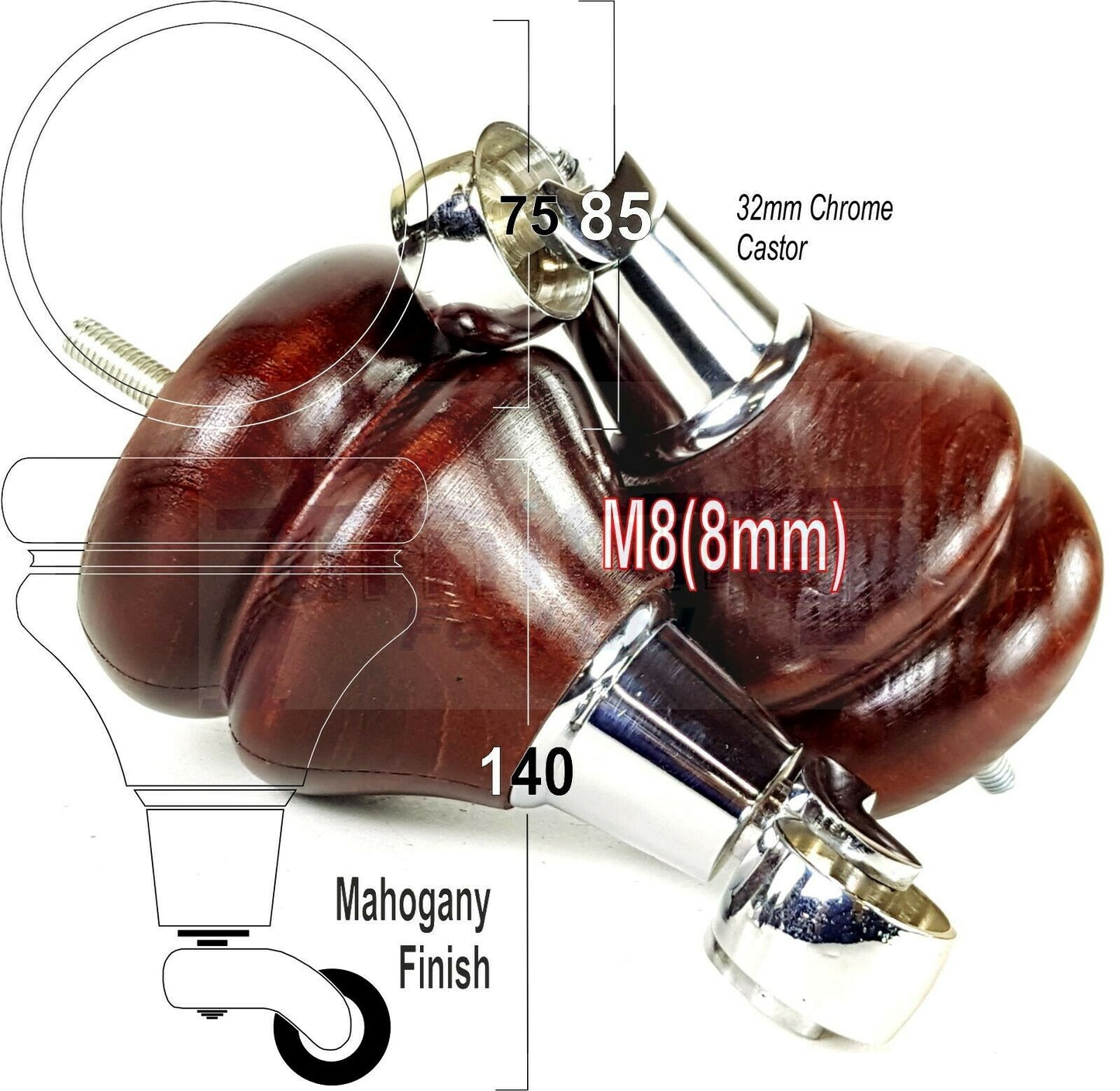 Set Of 2 Turned Furniture Wood Feet With Castors 140mm Sofas Chairs Settee Cabinets Beds M8(8mm)