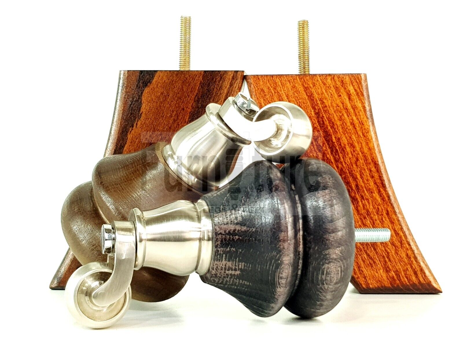 Turned Wood Furniture Feet 2 With Brushed Chrome Castors 140mm & 2 Curved Back Legs Sofas Chairs Stools Cabinets Beds M8