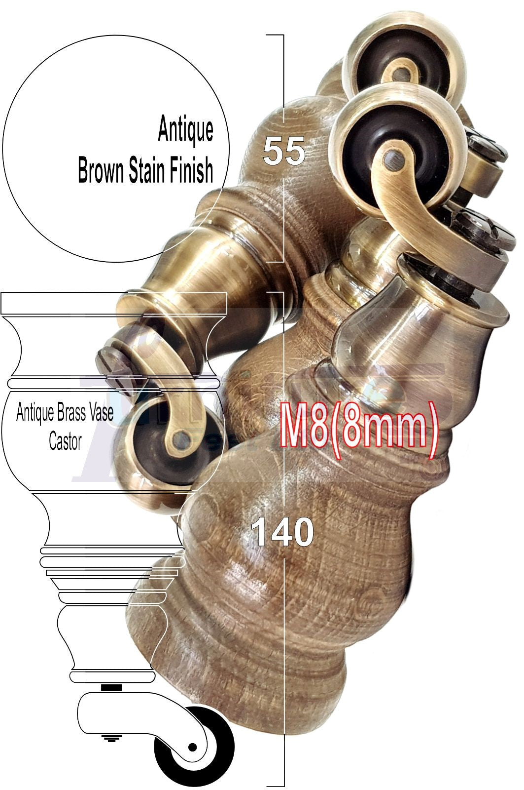 Set Of 4 Turned Wood Furniture Legs With 150mm High Castor 8mm Thread For Chairs Settees & Cabinets Antique Brown Stain
