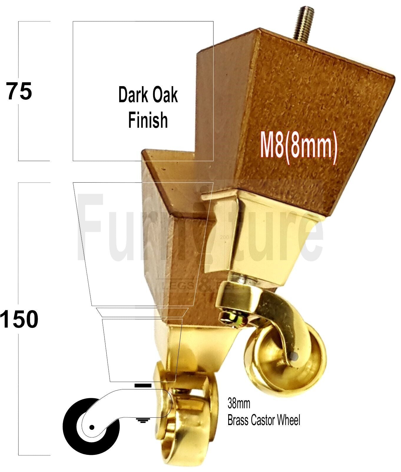 4x Block Wood Furniture Legs With Brass Castors For Sofa Chairs Settees 8mm Thread 150mm High