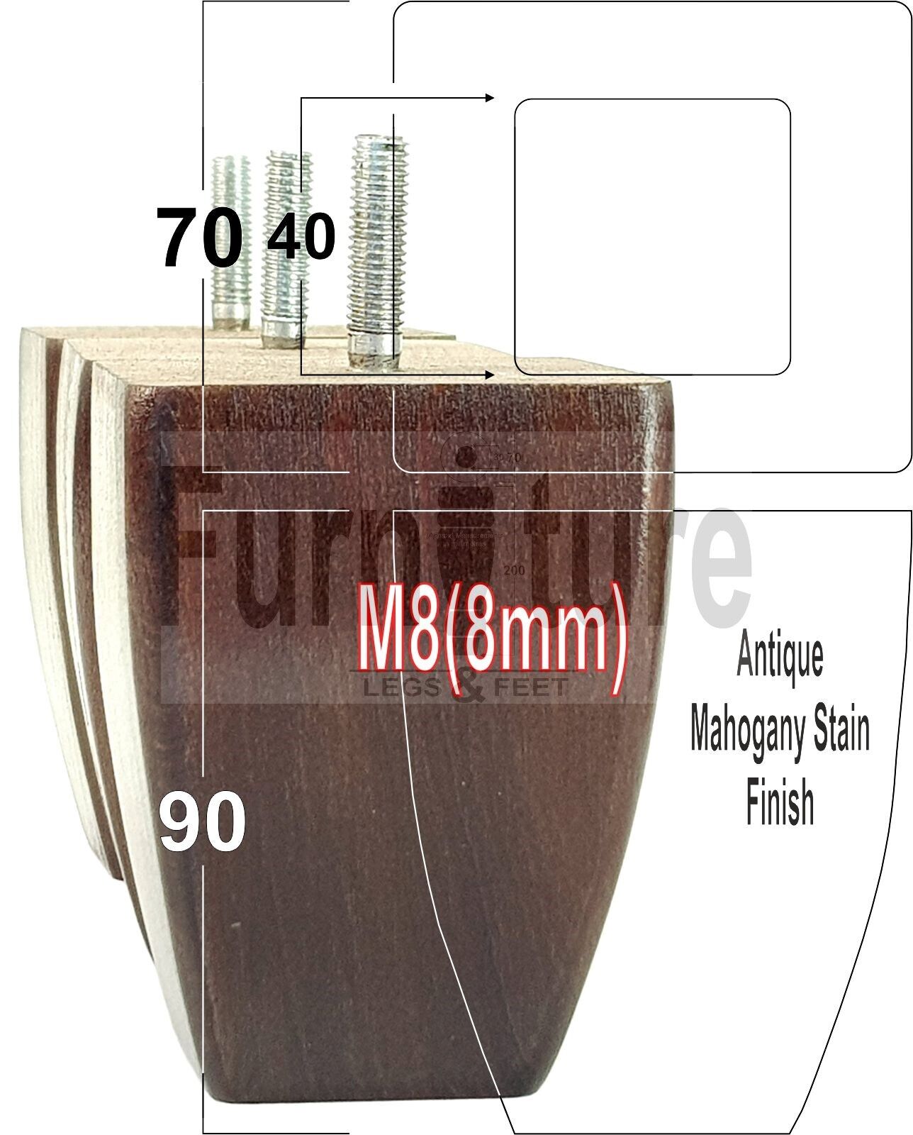 Set Of 4 Solid Wooden Block Furniture Feet Replacement Legs 90mm High M8(8mm)