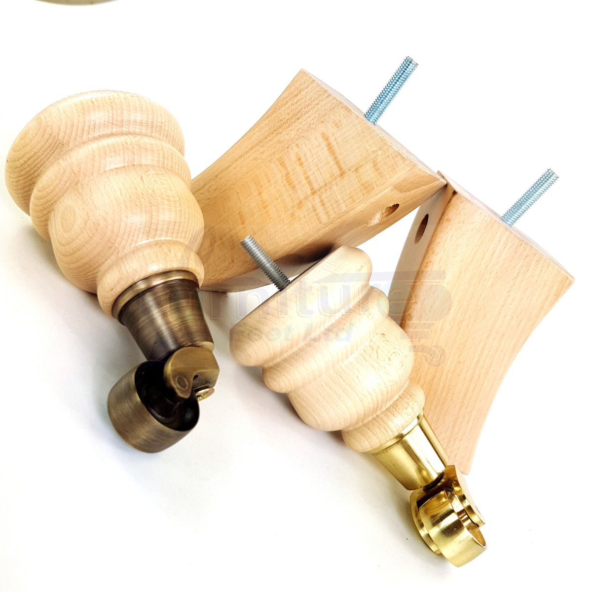 Turned Clear Wood Furniture Legs Replacement Feet 2 with Castors 155mm and 2 Curved Back Legs M8 6 Inches