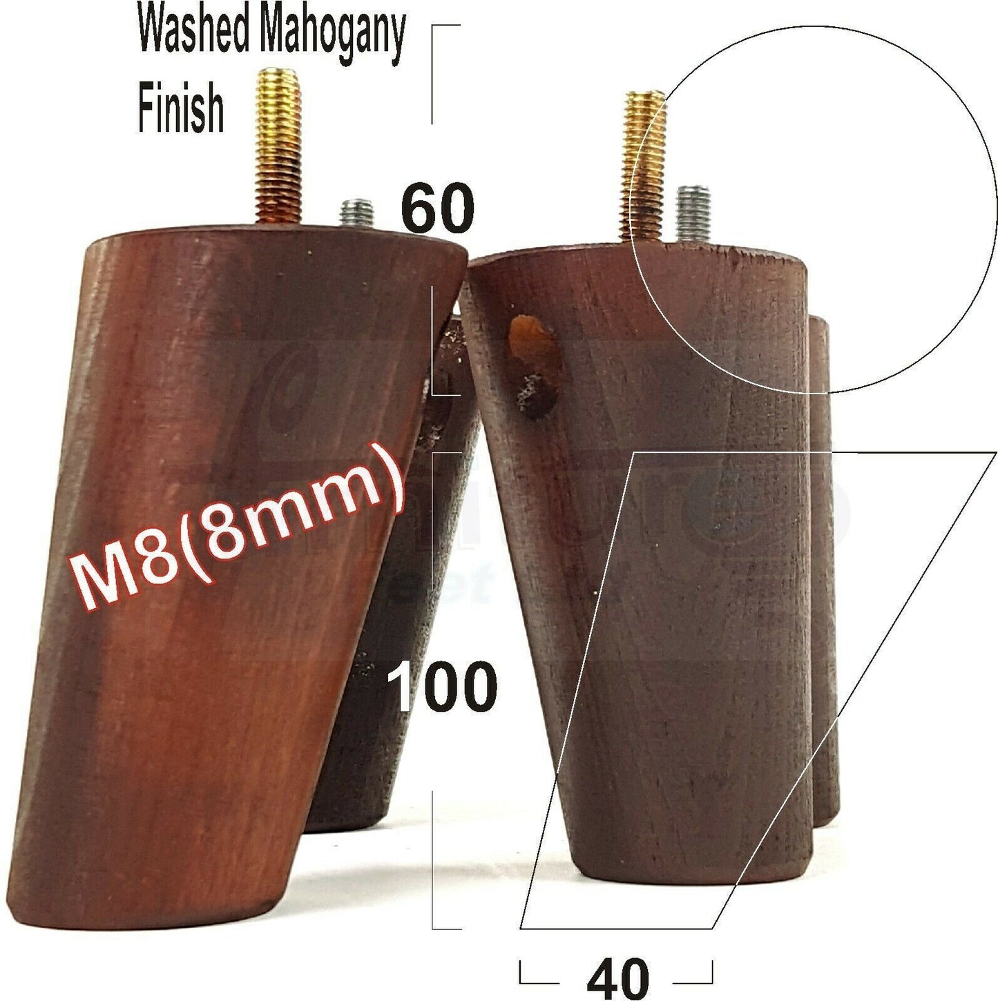 4 Solid Wood Turned Furniture Feet Replacement Mid Centry Angled Retro Legs 100mm High M8 Sofa Chairs Stools Cabinets Beds