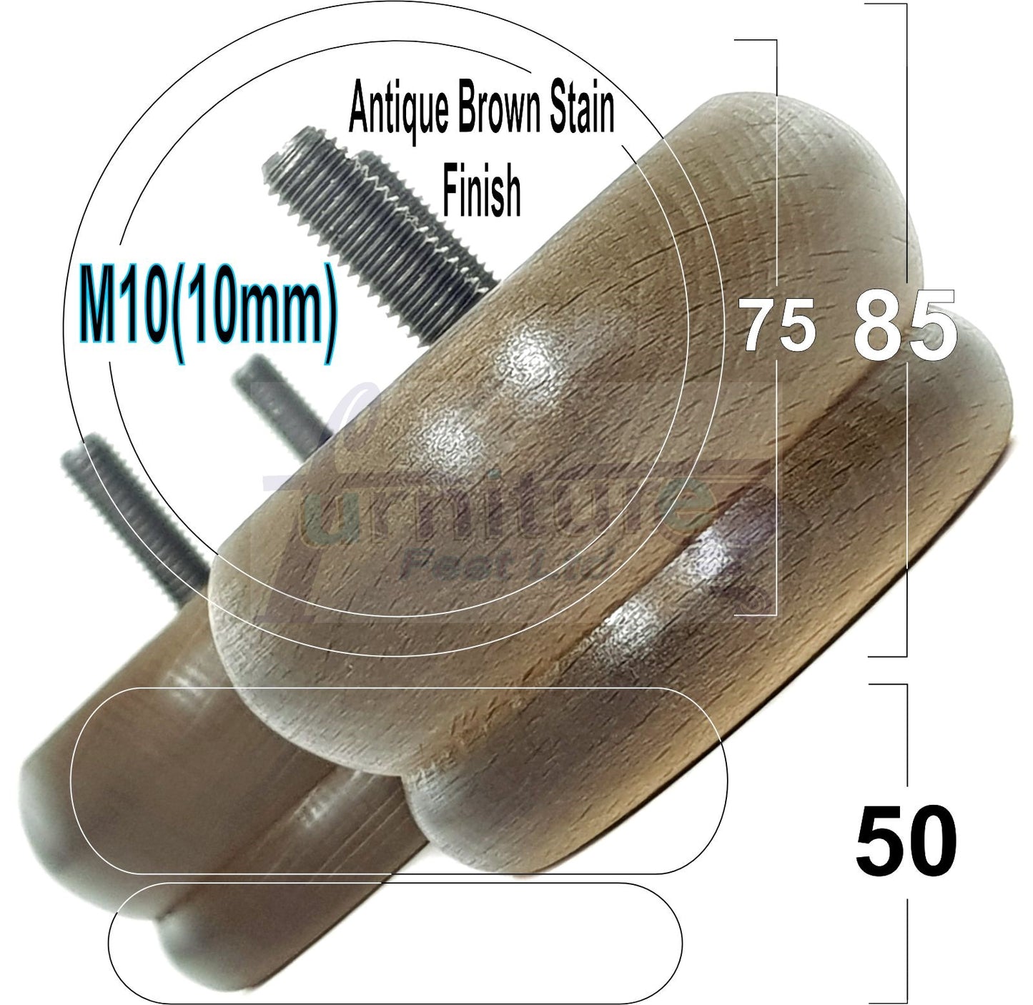 4 Wood Bun Feet Replacement Furniture Legs 50mm High M10 Thread Chairs Beds