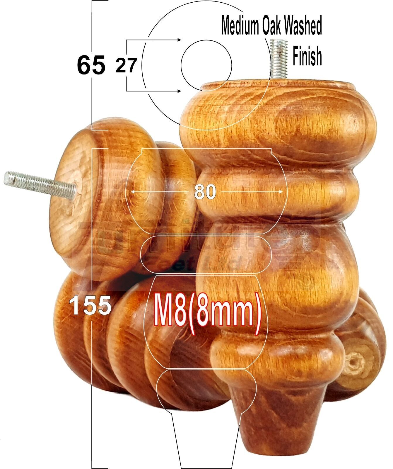 4 Solid Turned Wood Furniture Sofa Leg M8 Chair Settee Footstool Feet 155mm High