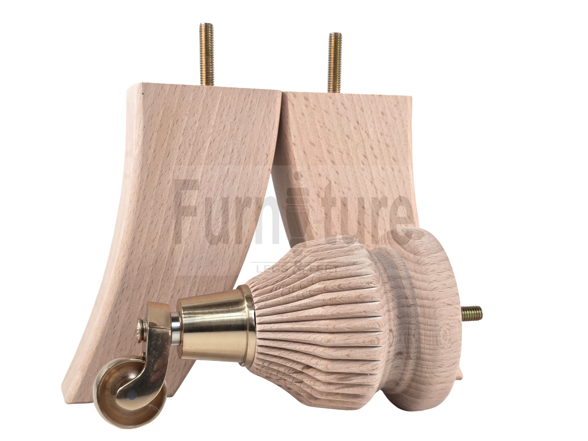 Solid Wood Replacement Furniture Legs 6 Inches with 2x Castors and 2x Back Feet 155mm High M8 Dowl Fixing - Raw Wood