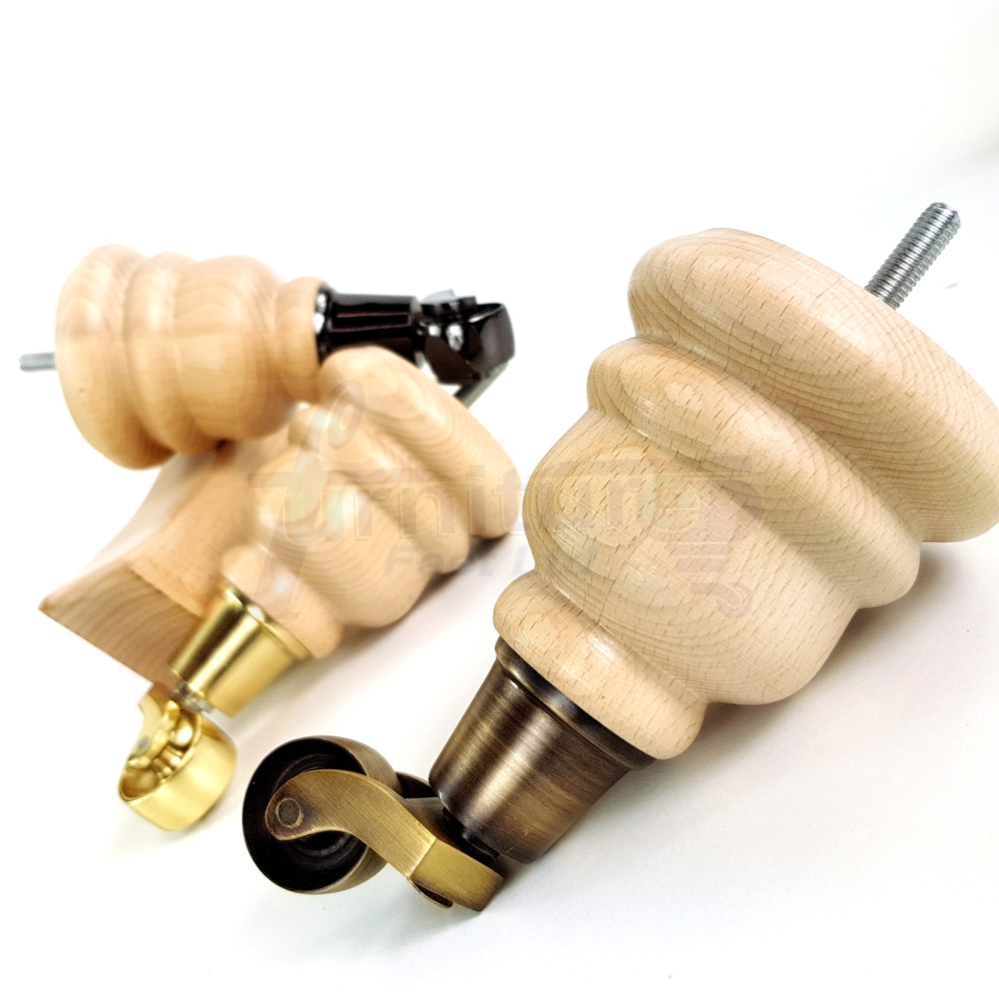 2 Turned Replacement Castor Feet 155mm High & 2 Curved Solid Wood Furniture Legs Natural 6 Inch Legs M8 Bolt
