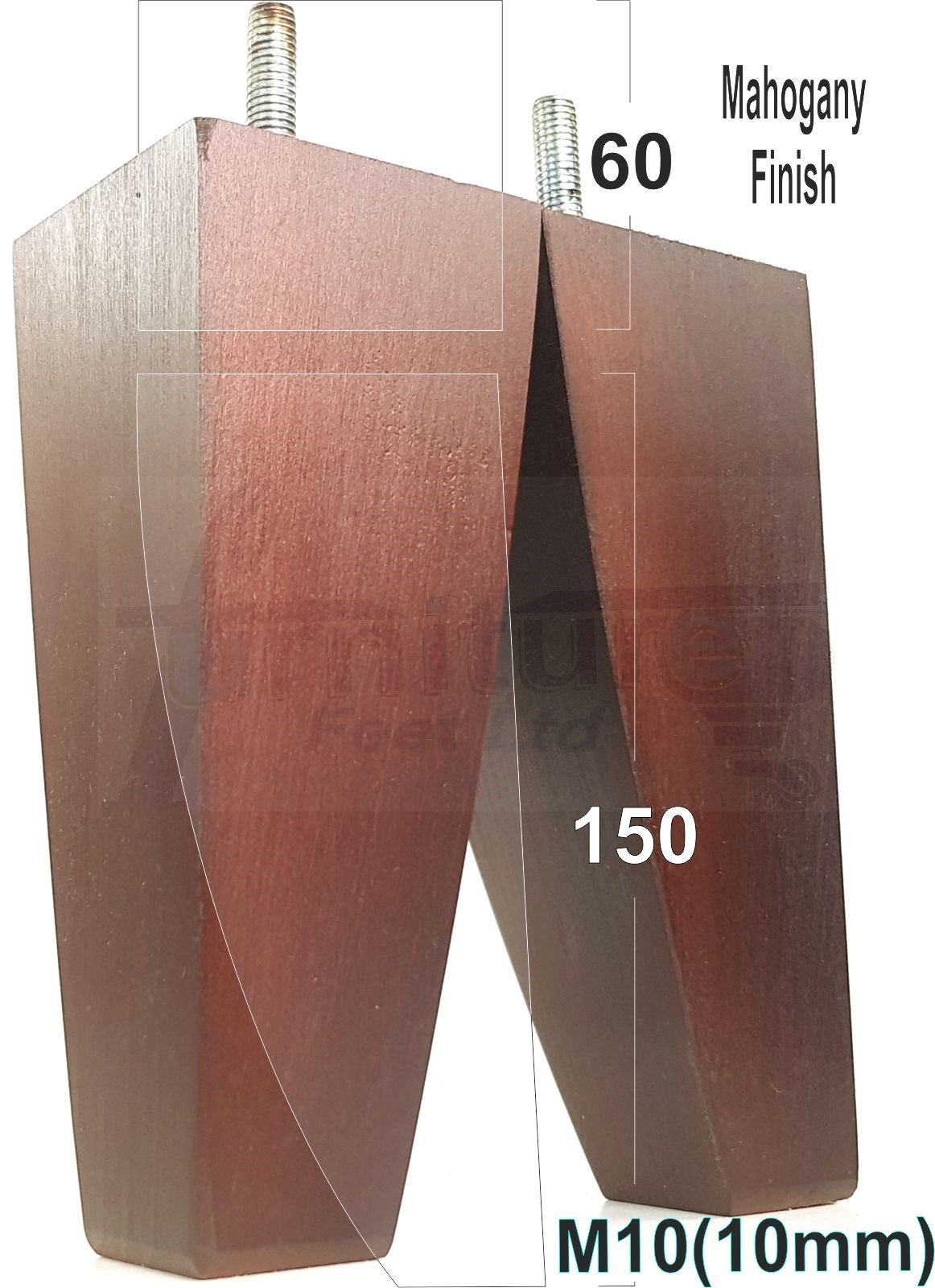 4x Tapered Square Furniture Legs Sofa Feet M10 Thread for Chairs, Settees 150mm High