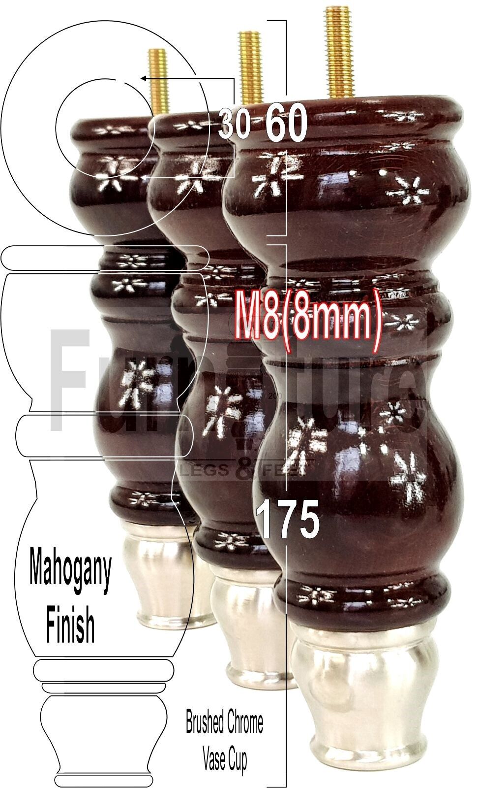 4x Furniture Feet With Slipper Cup 175mm High Legs Mahogany Finish Wood M8 Sofas Chairs Cabinets