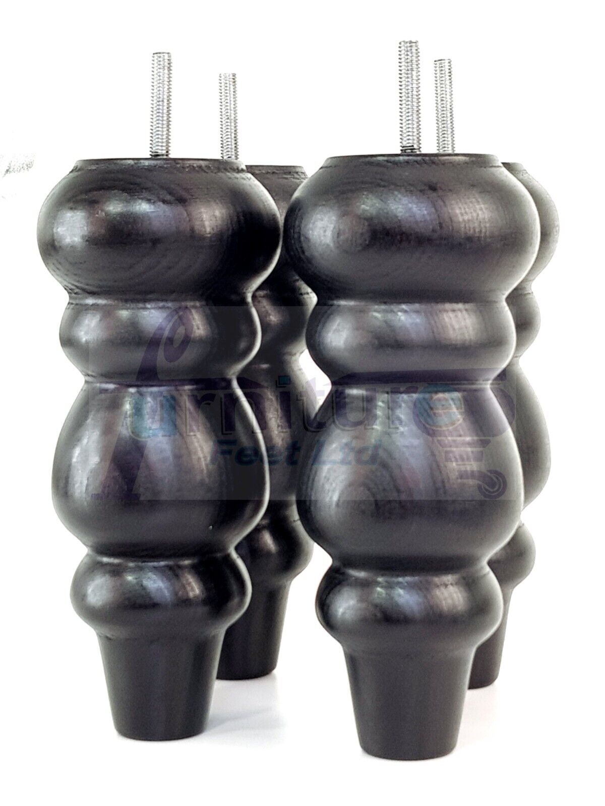 4 Solid Wood Furniture Legs Replacement Turned Feet 200mm High M8(8mm) Thread: Black