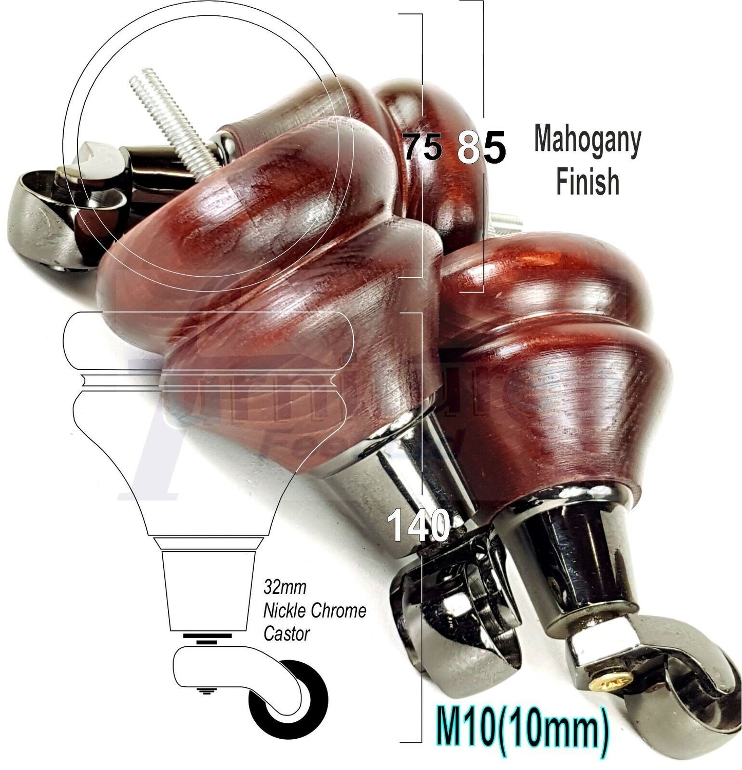 4x Turned Furniture Wood Feet With Castors 140mm Sofas Chairs Settee Cabinets Beds M10(10mm)