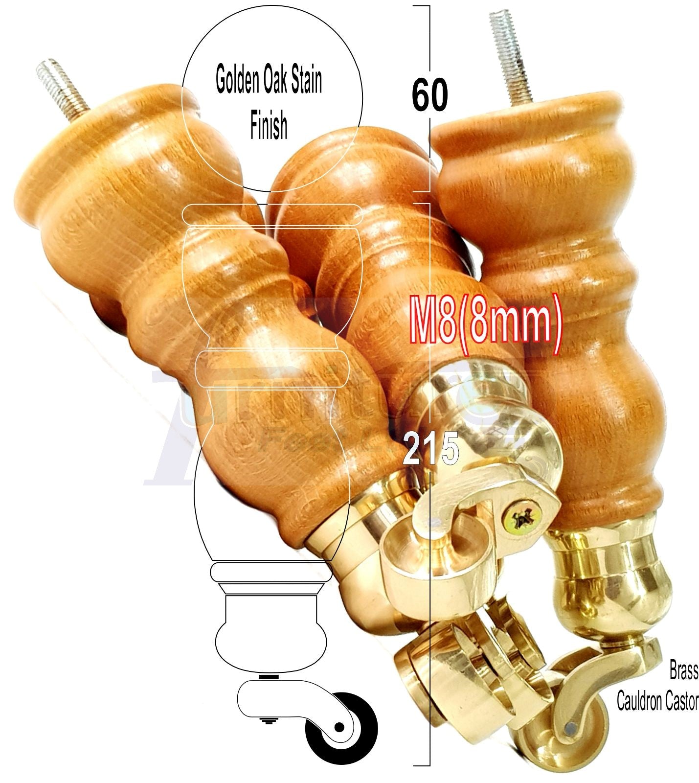 Solid Wood Furniture Feet With Castors Set of 4 Legs 205mm High For Sofas Chairs Stools Cabinets & Beds M8