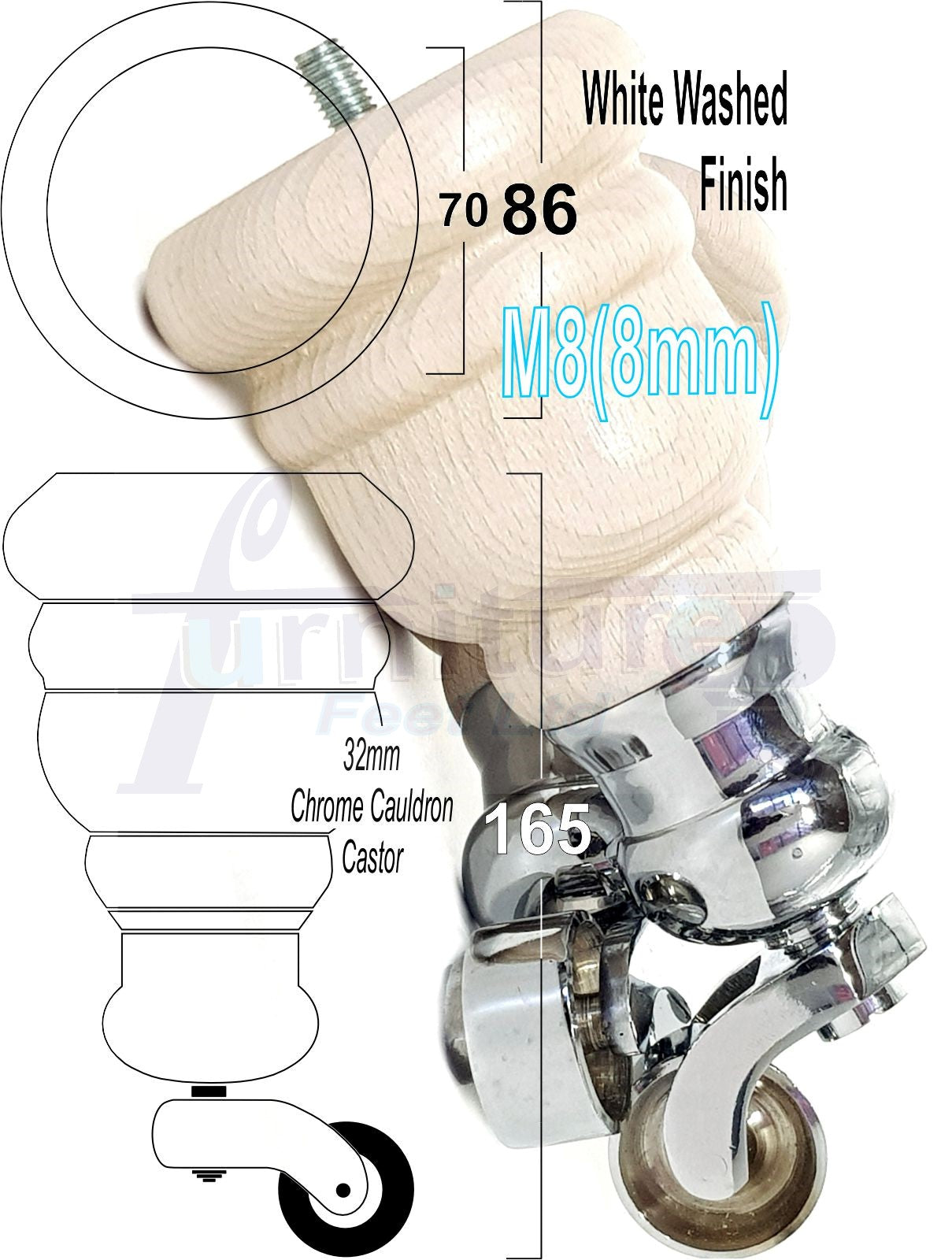 4 Turned Wood Furniture Feet With Chrome Cauldron Castors 155mm Legs Sofas Chairs Stools Cabinets Beds M8 6 Inches